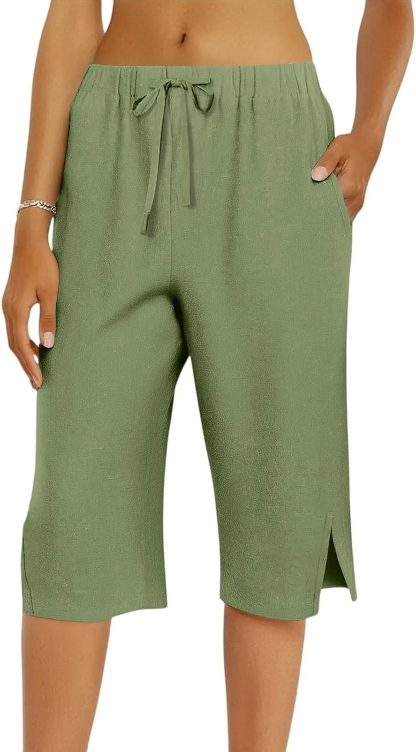 Linen Bermuda Shorts for Women Knee Length High Waisted Shorts 2025 Straight Leg Casual Summer Beach Pants with Pockets