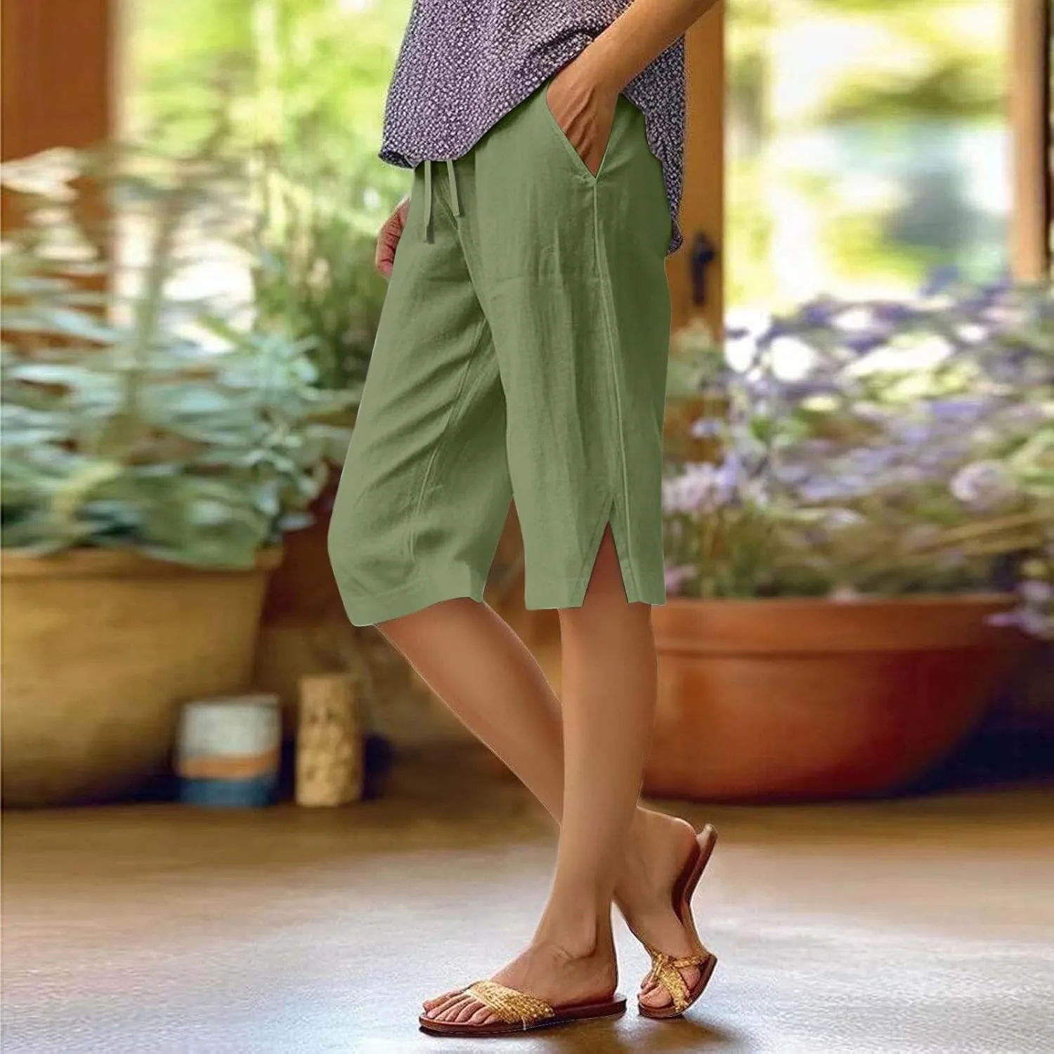 Linen Bermuda Shorts for Women Knee Length High Waisted Shorts 2025 Straight Leg Casual Summer Beach Pants with Pockets