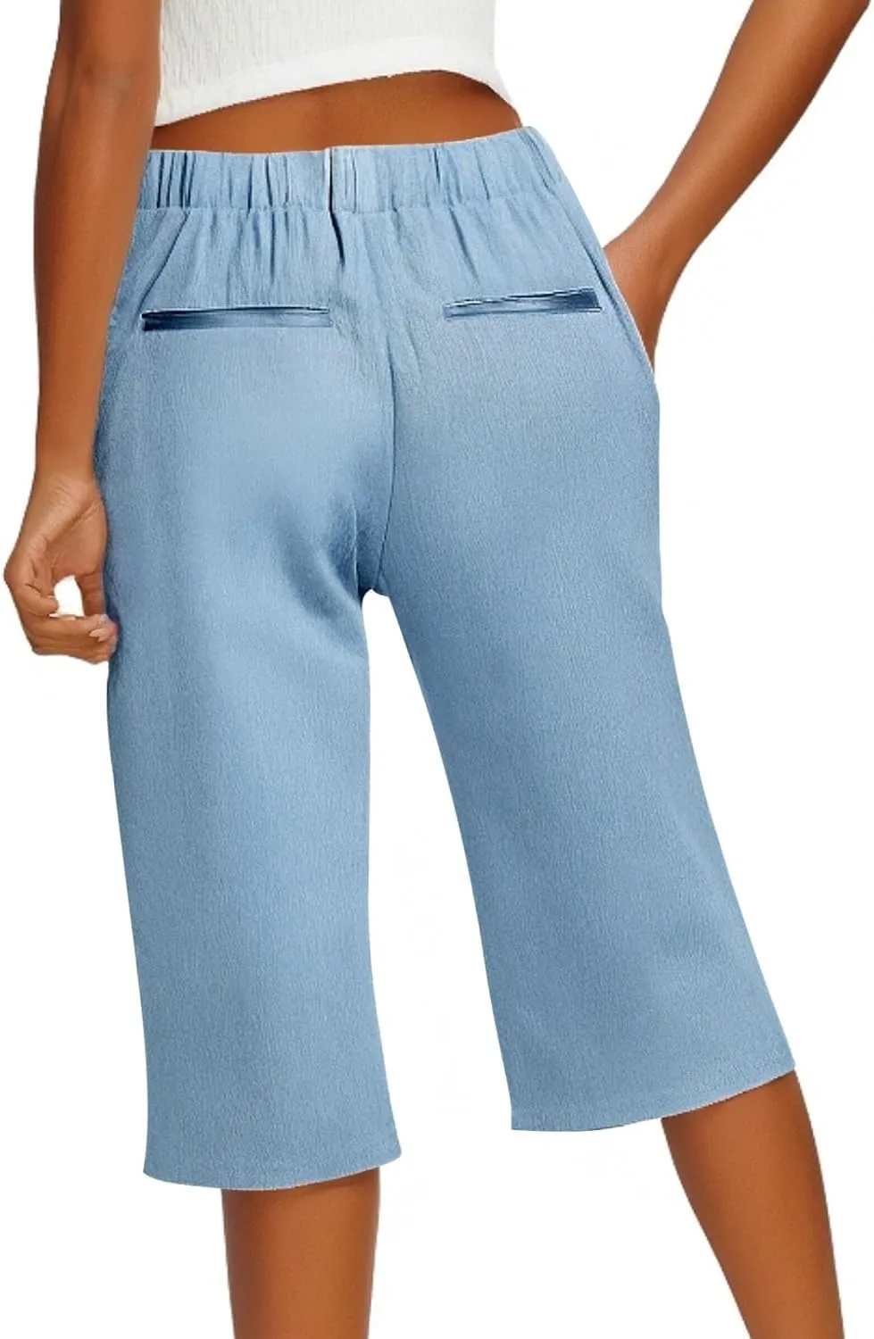 Linen Bermuda Shorts for Women Knee Length High Waisted Shorts 2025 Straight Leg Casual Summer Beach Pants with Pockets