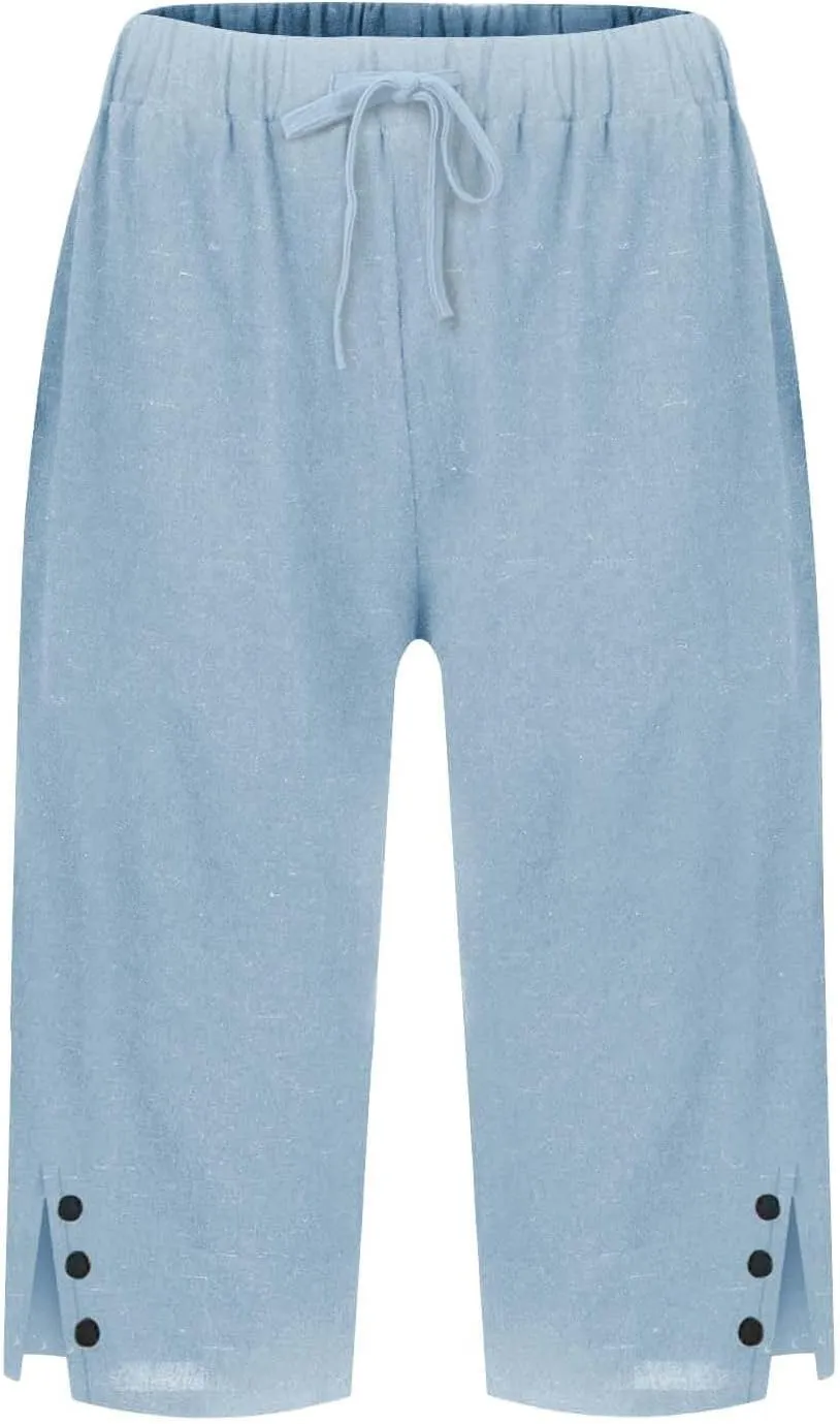 Linen Bermuda Shorts for Women Knee Length High Waisted Shorts 2025 Straight Leg Casual Summer Beach Pants with Pockets