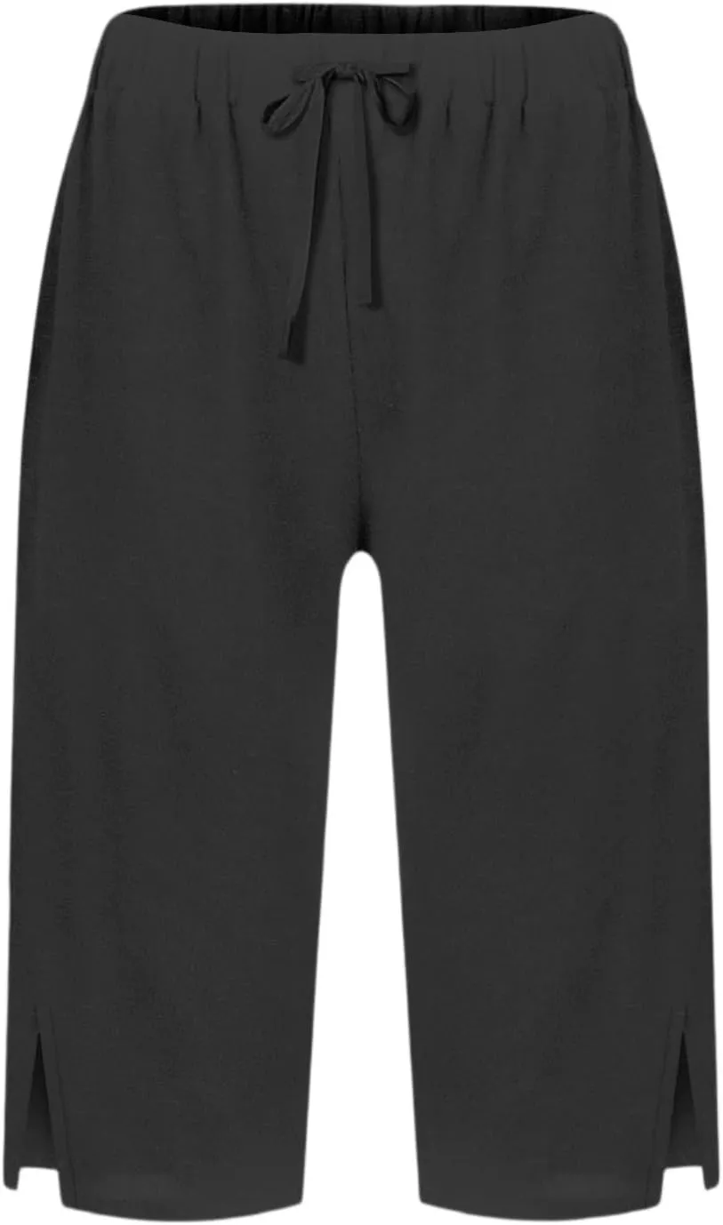 Linen Bermuda Shorts for Women Knee Length High Waisted Shorts 2025 Straight Leg Casual Summer Beach Pants with Pockets