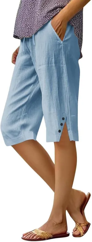 Linen Bermuda Shorts for Women Knee Length High Waisted Shorts 2025 Straight Leg Casual Summer Beach Pants with Pockets