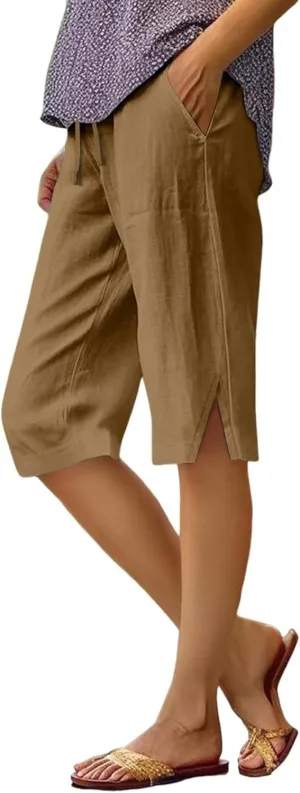 Linen Bermuda Shorts for Women Knee Length High Waisted Shorts 2025 Straight Leg Casual Summer Beach Pants with Pockets