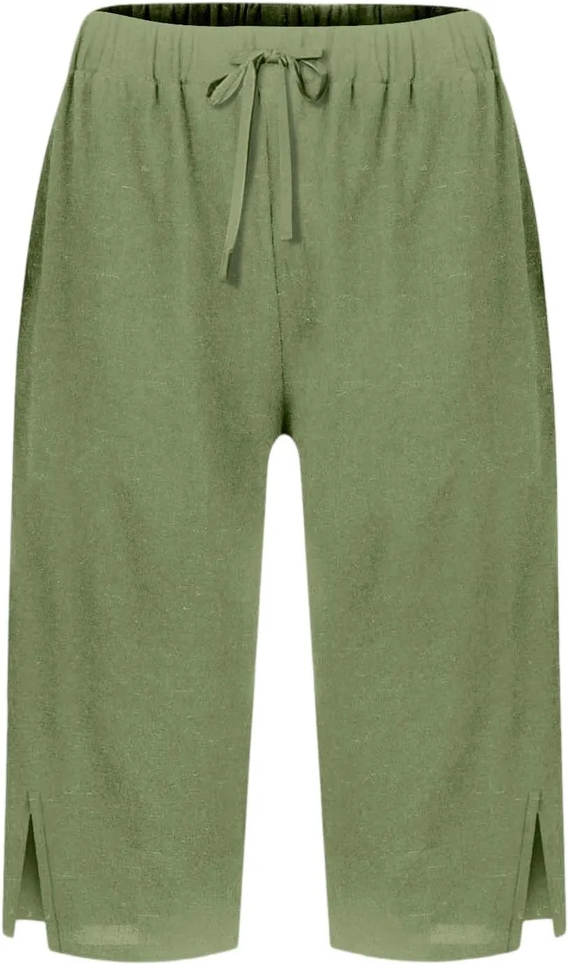 Linen Bermuda Shorts for Women Knee Length High Waisted Shorts 2025 Straight Leg Casual Summer Beach Pants with Pockets