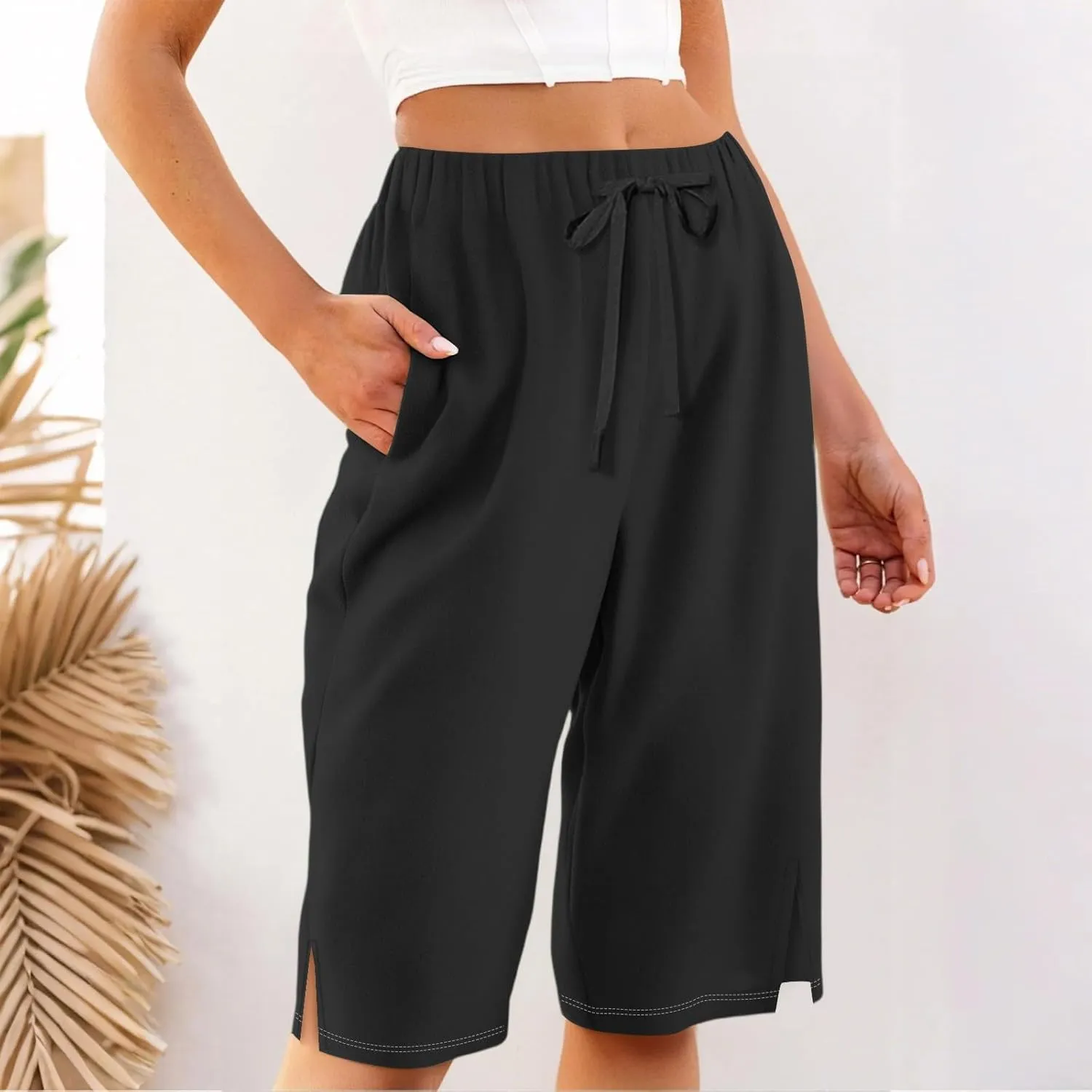 Linen Bermuda Shorts for Women Knee Length High Waisted Shorts 2025 Straight Leg Casual Summer Beach Pants with Pockets