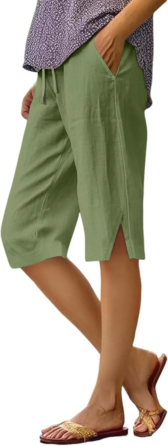 Linen Bermuda Shorts for Women Knee Length High Waisted Shorts 2025 Straight Leg Casual Summer Beach Pants with Pockets