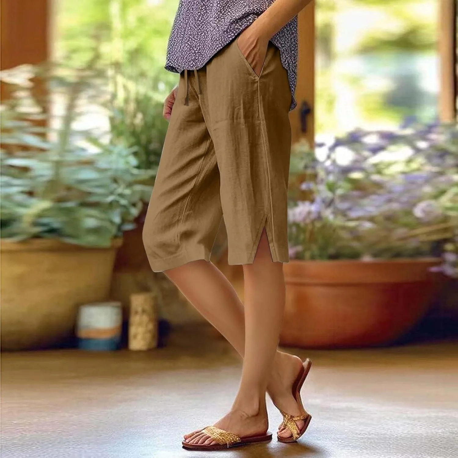Linen Bermuda Shorts for Women Knee Length High Waisted Shorts 2025 Straight Leg Casual Summer Beach Pants with Pockets