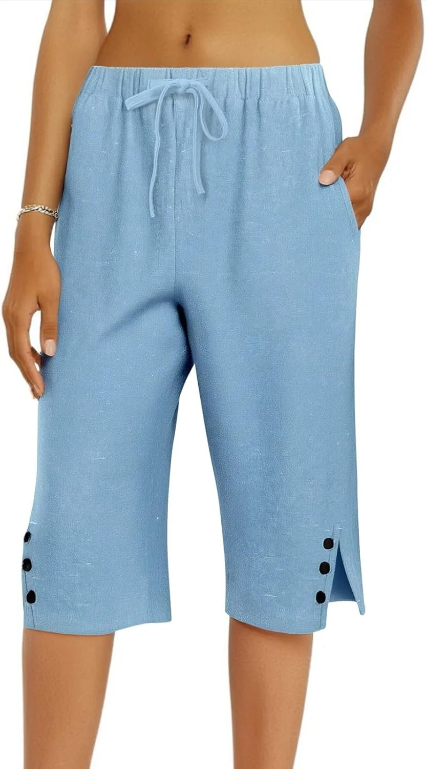 Linen Bermuda Shorts for Women Knee Length High Waisted Shorts 2025 Straight Leg Casual Summer Beach Pants with Pockets