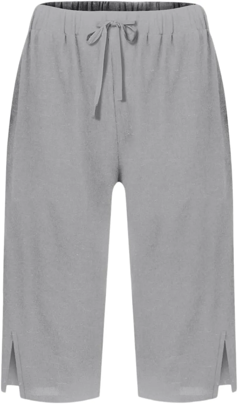 Linen Bermuda Shorts for Women Knee Length High Waisted Shorts 2025 Straight Leg Casual Summer Beach Pants with Pockets