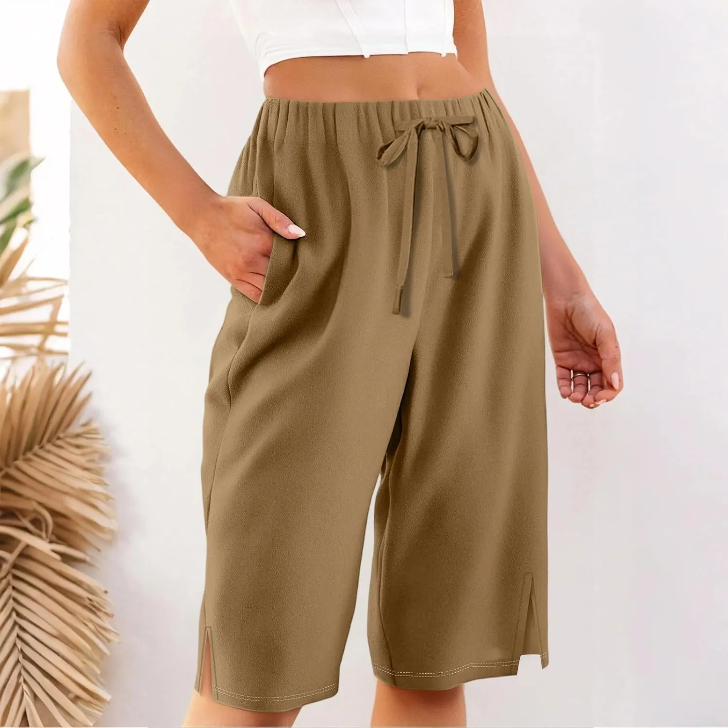 Linen Bermuda Shorts for Women Knee Length High Waisted Shorts 2025 Straight Leg Casual Summer Beach Pants with Pockets