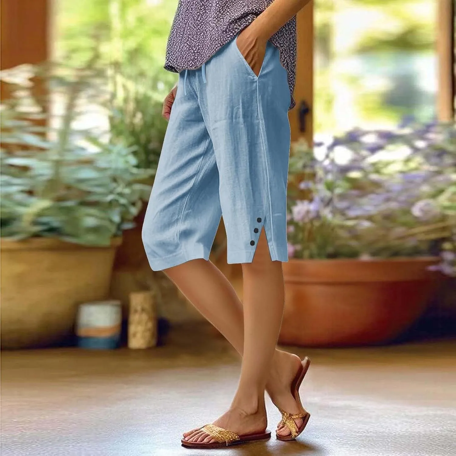 Linen Bermuda Shorts for Women Knee Length High Waisted Shorts 2025 Straight Leg Casual Summer Beach Pants with Pockets