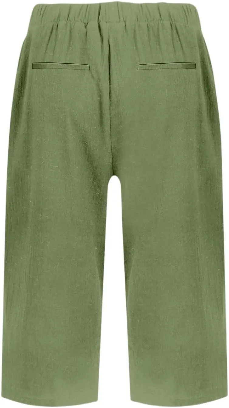 Linen Bermuda Shorts for Women Knee Length High Waisted Shorts 2025 Straight Leg Casual Summer Beach Pants with Pockets