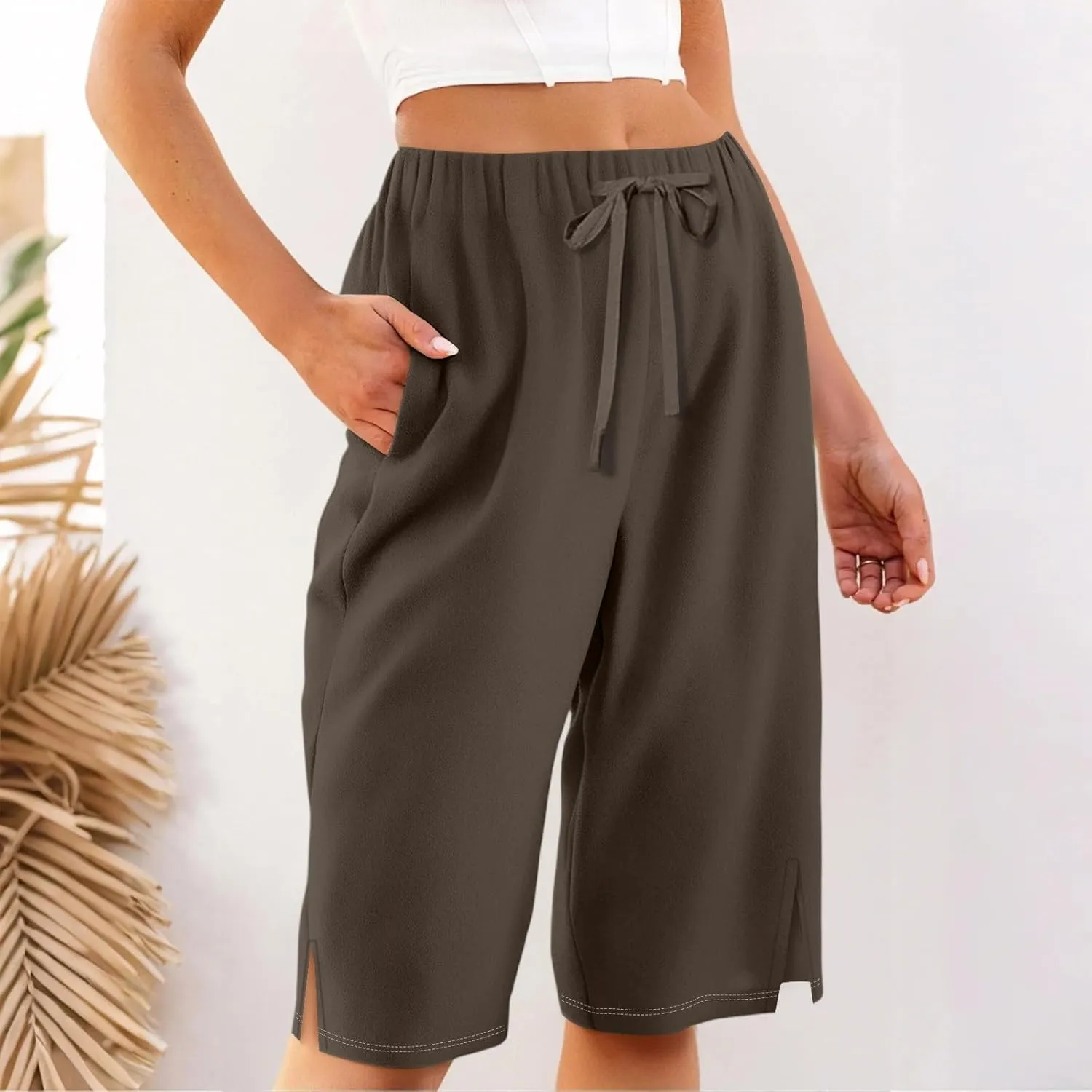 Linen Bermuda Shorts for Women Knee Length High Waisted Shorts 2025 Straight Leg Casual Summer Beach Pants with Pockets
