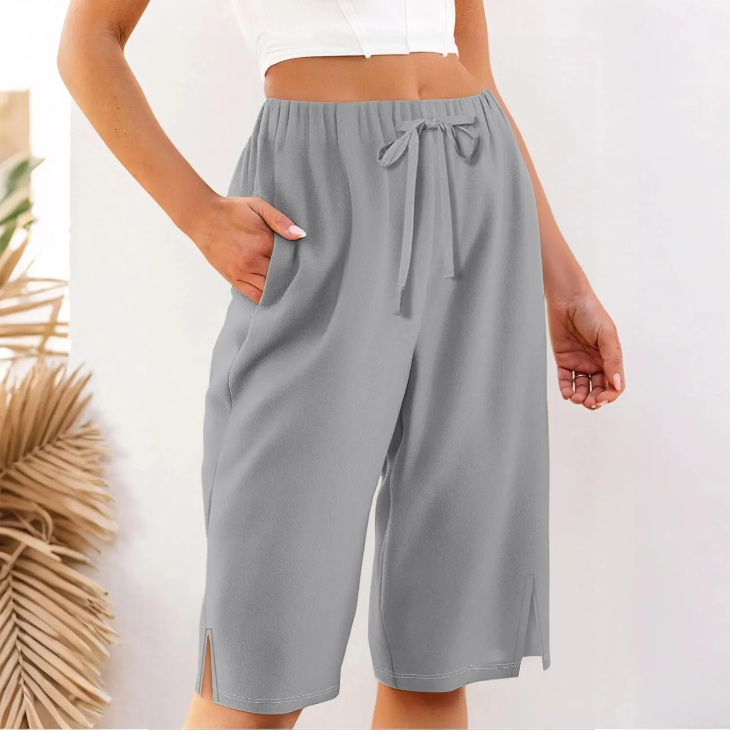 Linen Bermuda Shorts for Women Knee Length High Waisted Shorts 2025 Straight Leg Casual Summer Beach Pants with Pockets