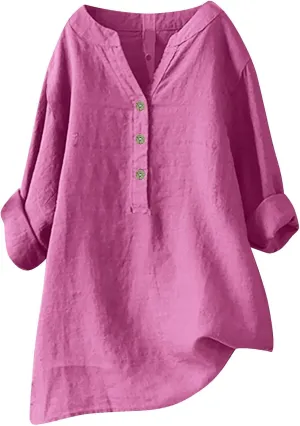 Linen Shirts for Women 3/4 Sleeve V Neck Solid Color Loose Blouses Buttons Plus Size Fit T-Shirts Summer Holiday Tops