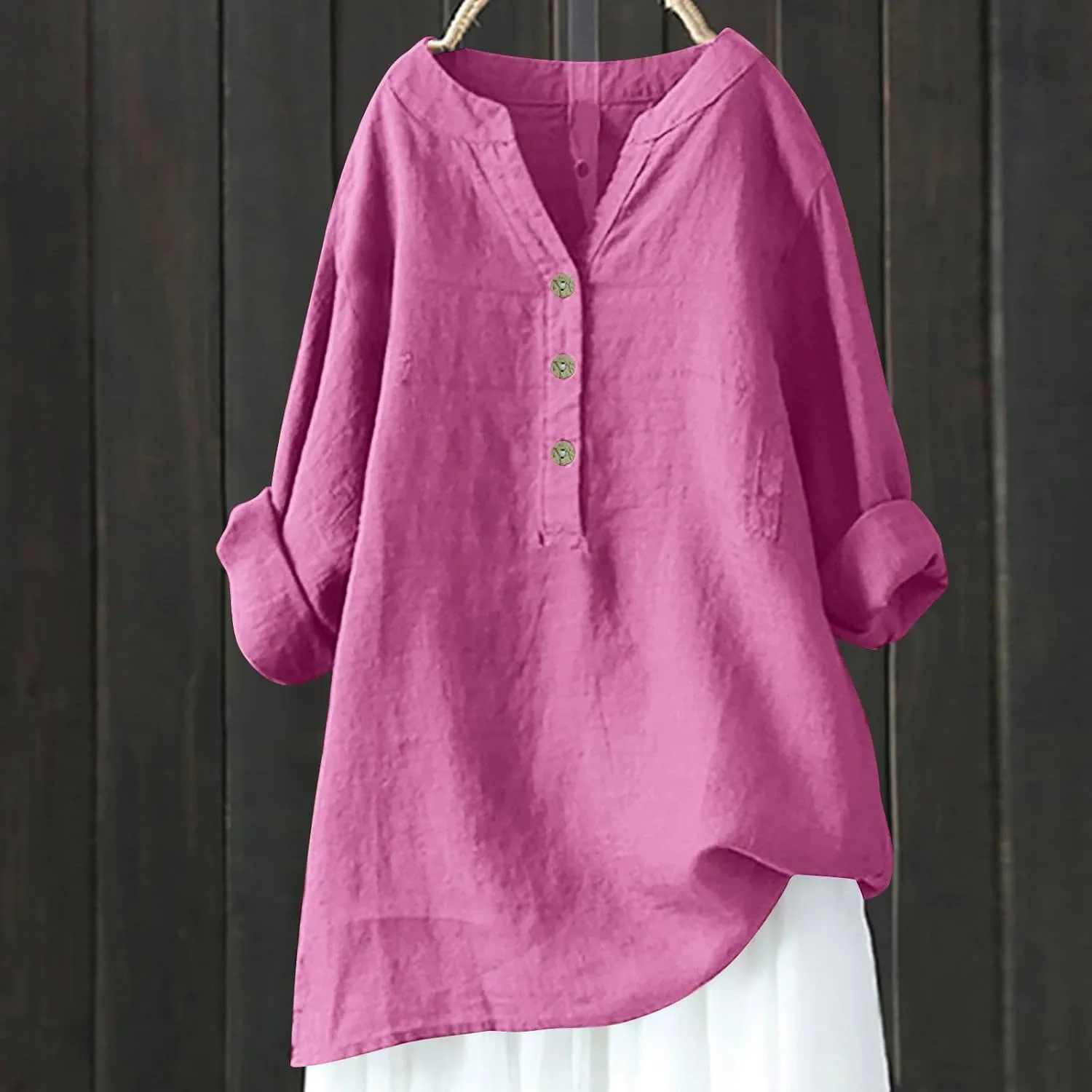 Linen Shirts for Women 3/4 Sleeve V Neck Solid Color Loose Blouses Buttons Plus Size Fit T-Shirts Summer Holiday Tops