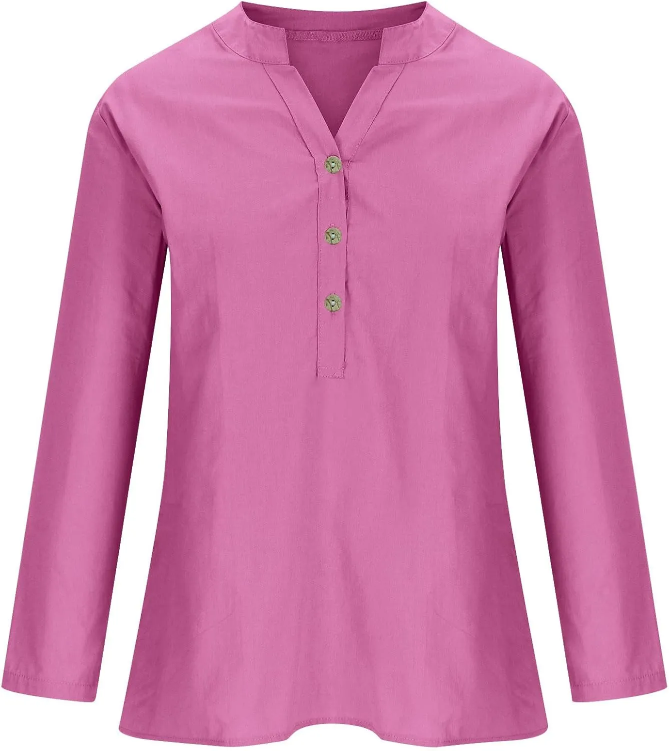 Linen Shirts for Women 3/4 Sleeve V Neck Solid Color Loose Blouses Buttons Plus Size Fit T-Shirts Summer Holiday Tops
