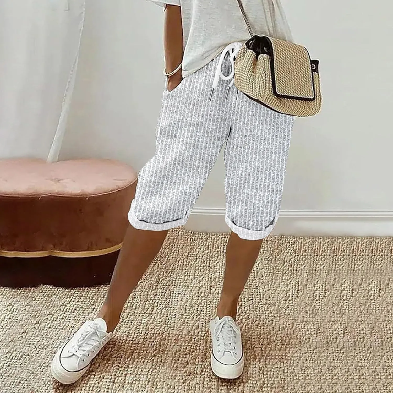Linen Short for Women Knee Length Casual Striped Bermuda Shorts Summer Elastic Waisted Beach Capri Pant with Pocket