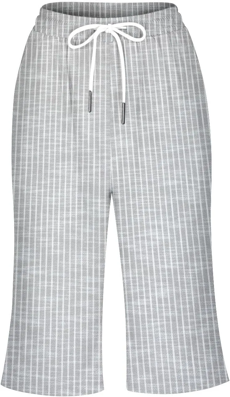 Linen Short for Women Knee Length Casual Striped Bermuda Shorts Summer Elastic Waisted Beach Capri Pant with Pocket