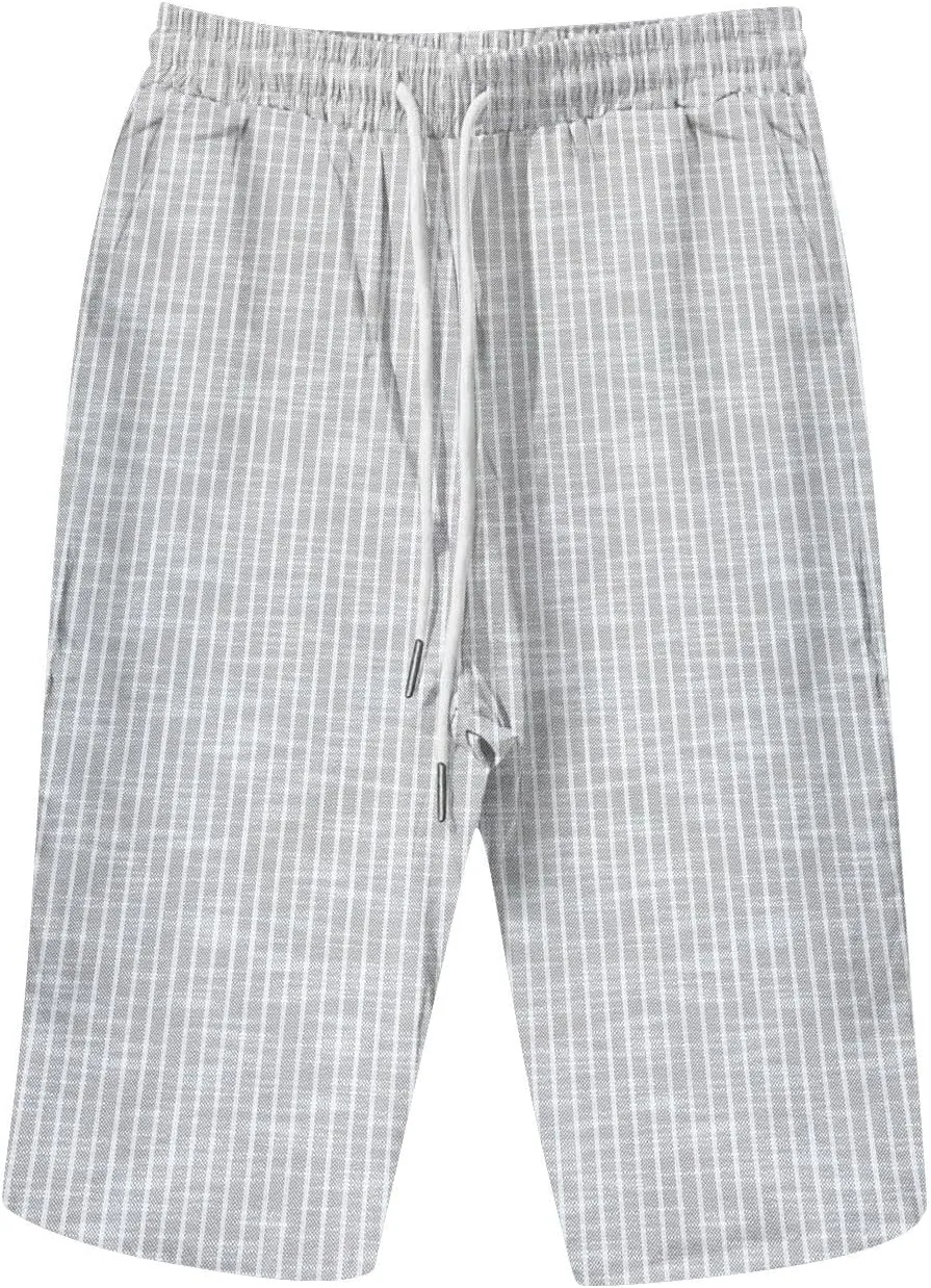 Linen Short for Women Knee Length Casual Striped Bermuda Shorts Summer Elastic Waisted Beach Capri Pant with Pocket