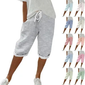 Linen Short for Women Knee Length Casual Striped Bermuda Shorts Summer Elastic Waisted Beach Capri Pant with Pocket