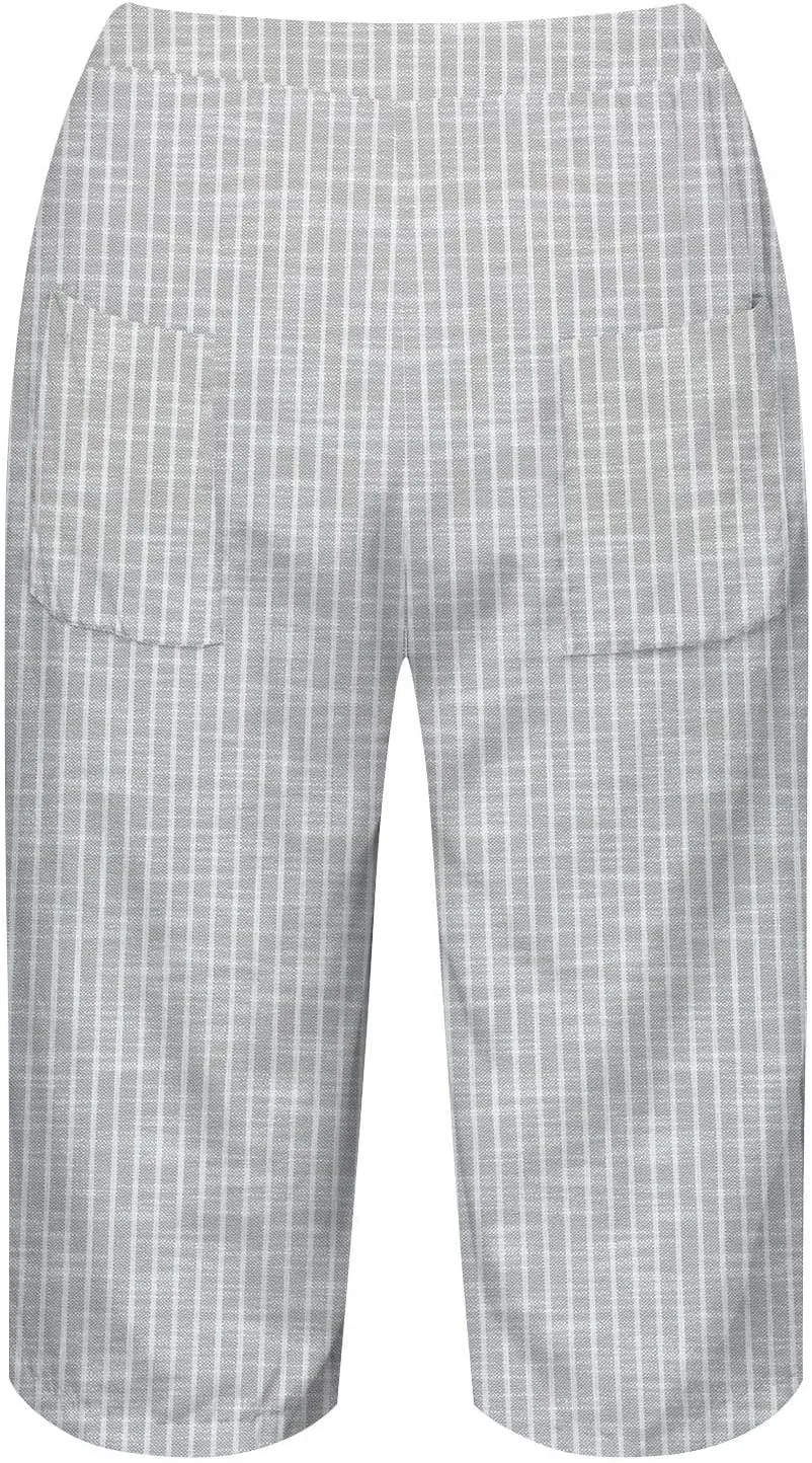 Linen Short for Women Knee Length Casual Striped Bermuda Shorts Summer Elastic Waisted Beach Capri Pant with Pocket