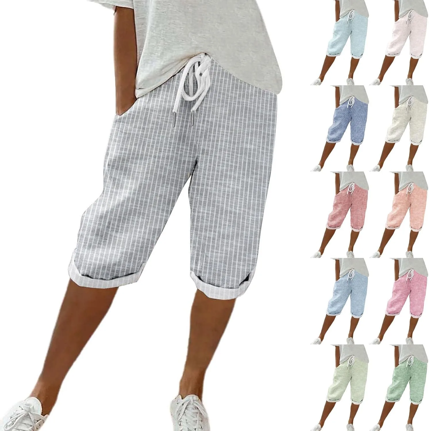 Linen Short for Women Knee Length Casual Striped Bermuda Shorts Summer Elastic Waisted Beach Capri Pant with Pocket