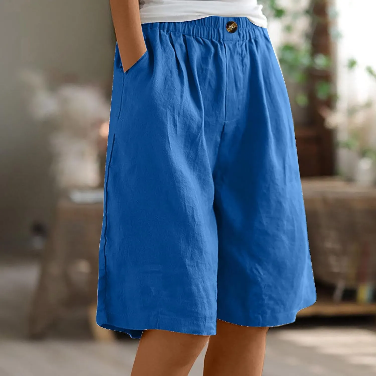 Linen Shorts for Women High Waisted Bermuda Shorts Elastic Waist Summer Pants Wide Leg Short Pants with Pockets 2025