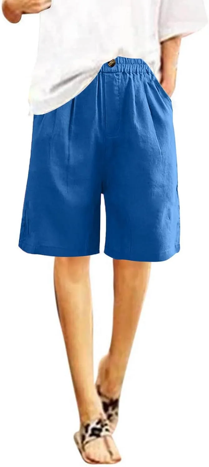 Linen Shorts for Women High Waisted Bermuda Shorts Elastic Waist Summer Pants Wide Leg Short Pants with Pockets 2025