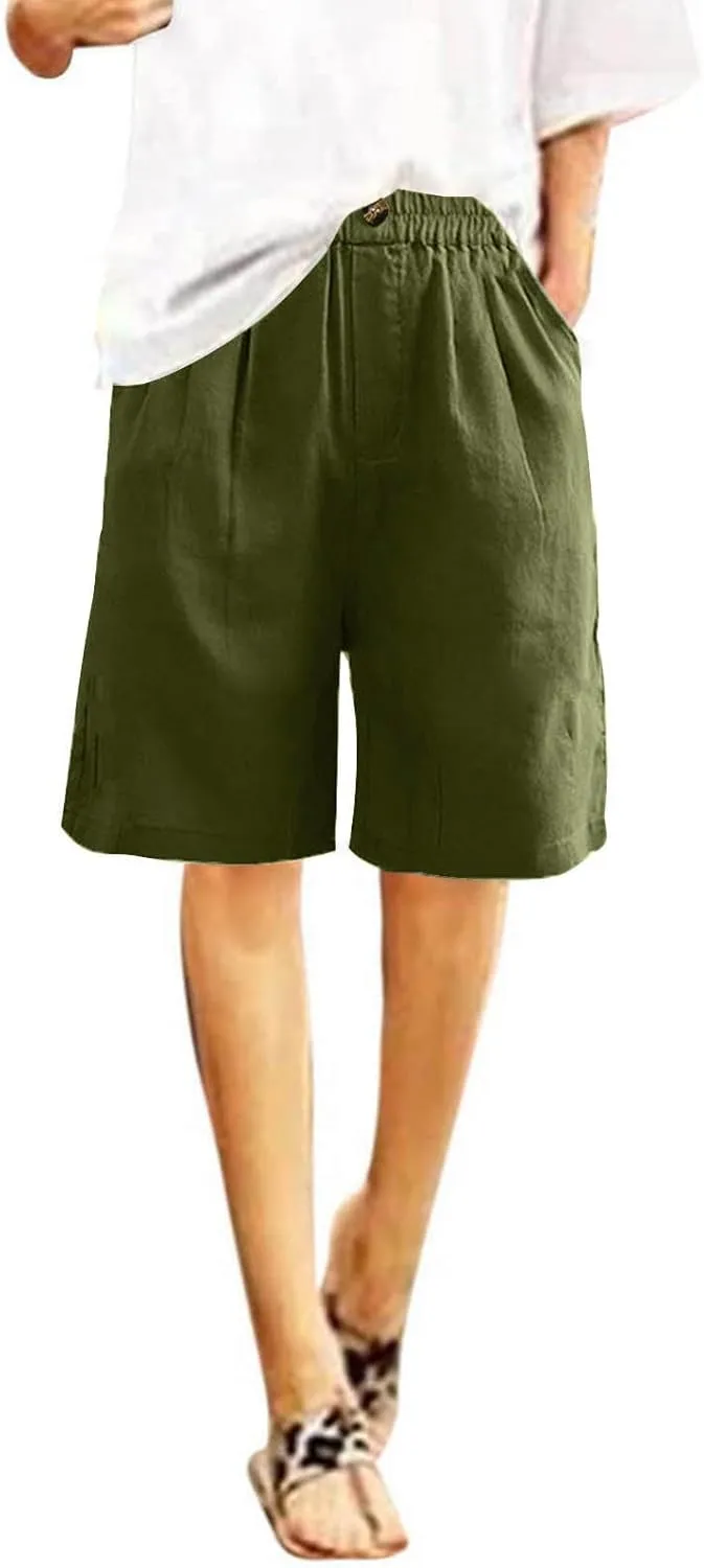 Linen Shorts for Women High Waisted Bermuda Shorts Elastic Waist Summer Pants Wide Leg Short Pants with Pockets 2025