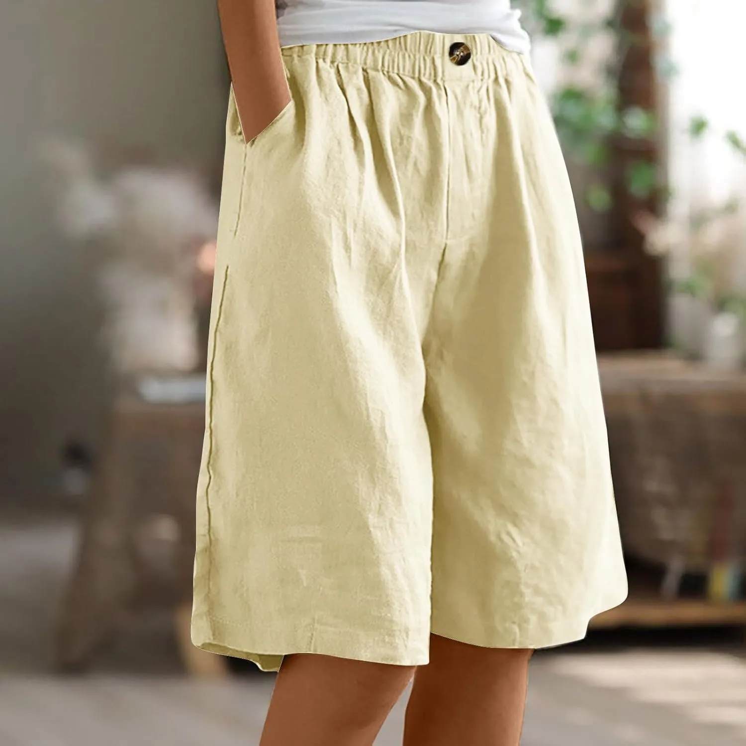 Linen Shorts for Women High Waisted Bermuda Shorts Elastic Waist Summer Pants Wide Leg Short Pants with Pockets 2025