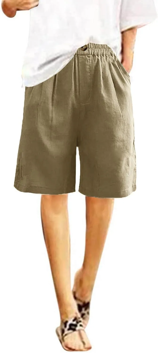 Linen Shorts for Women High Waisted Bermuda Shorts Elastic Waist Summer Pants Wide Leg Short Pants with Pockets 2025