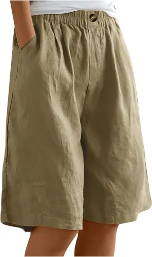Linen Shorts for Women High Waisted Bermuda Shorts Elastic Waist Summer Pants Wide Leg Short Pants with Pockets 2025