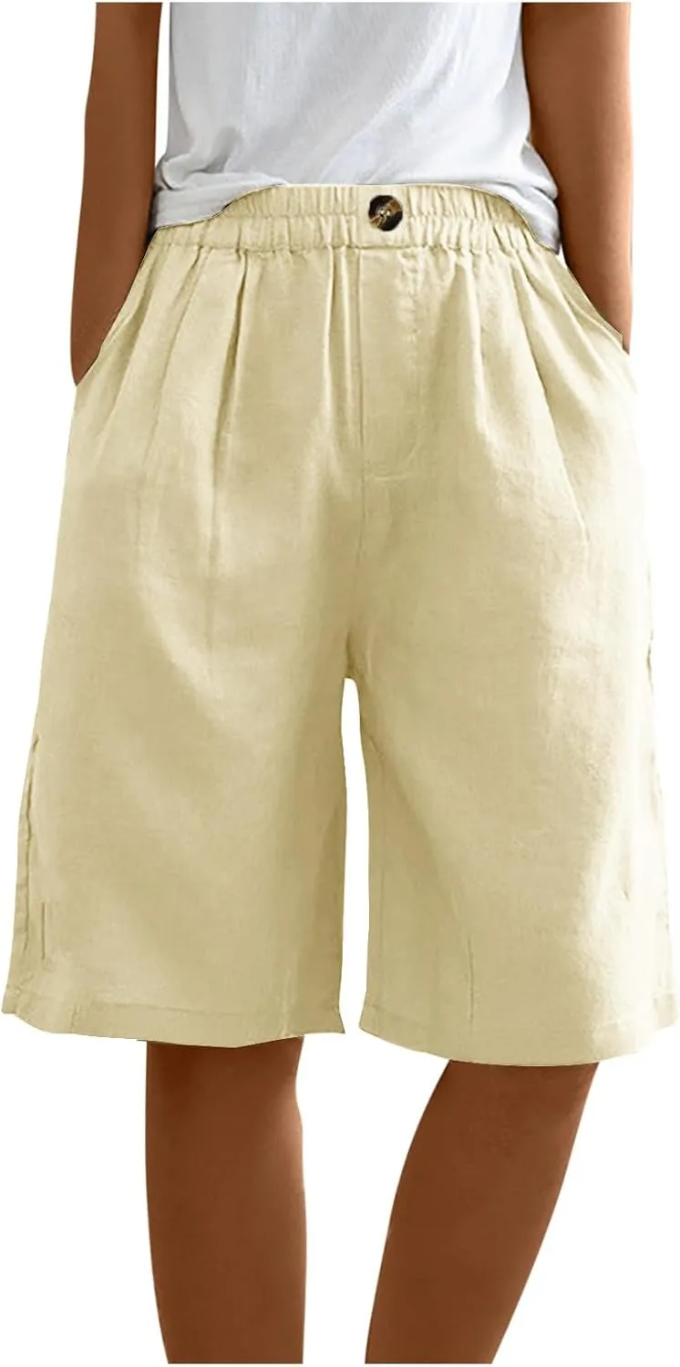 Linen Shorts for Women High Waisted Bermuda Shorts Elastic Waist Summer Pants Wide Leg Short Pants with Pockets 2025