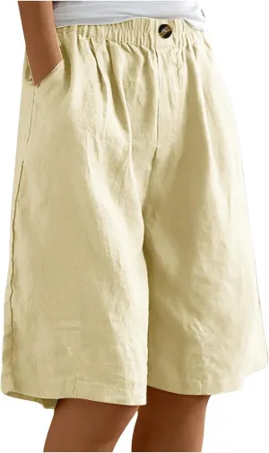 Linen Shorts for Women High Waisted Bermuda Shorts Elastic Waist Summer Pants Wide Leg Short Pants with Pockets 2025