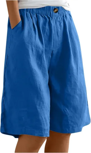 Linen Shorts for Women High Waisted Bermuda Shorts Elastic Waist Summer Pants Wide Leg Short Pants with Pockets 2025