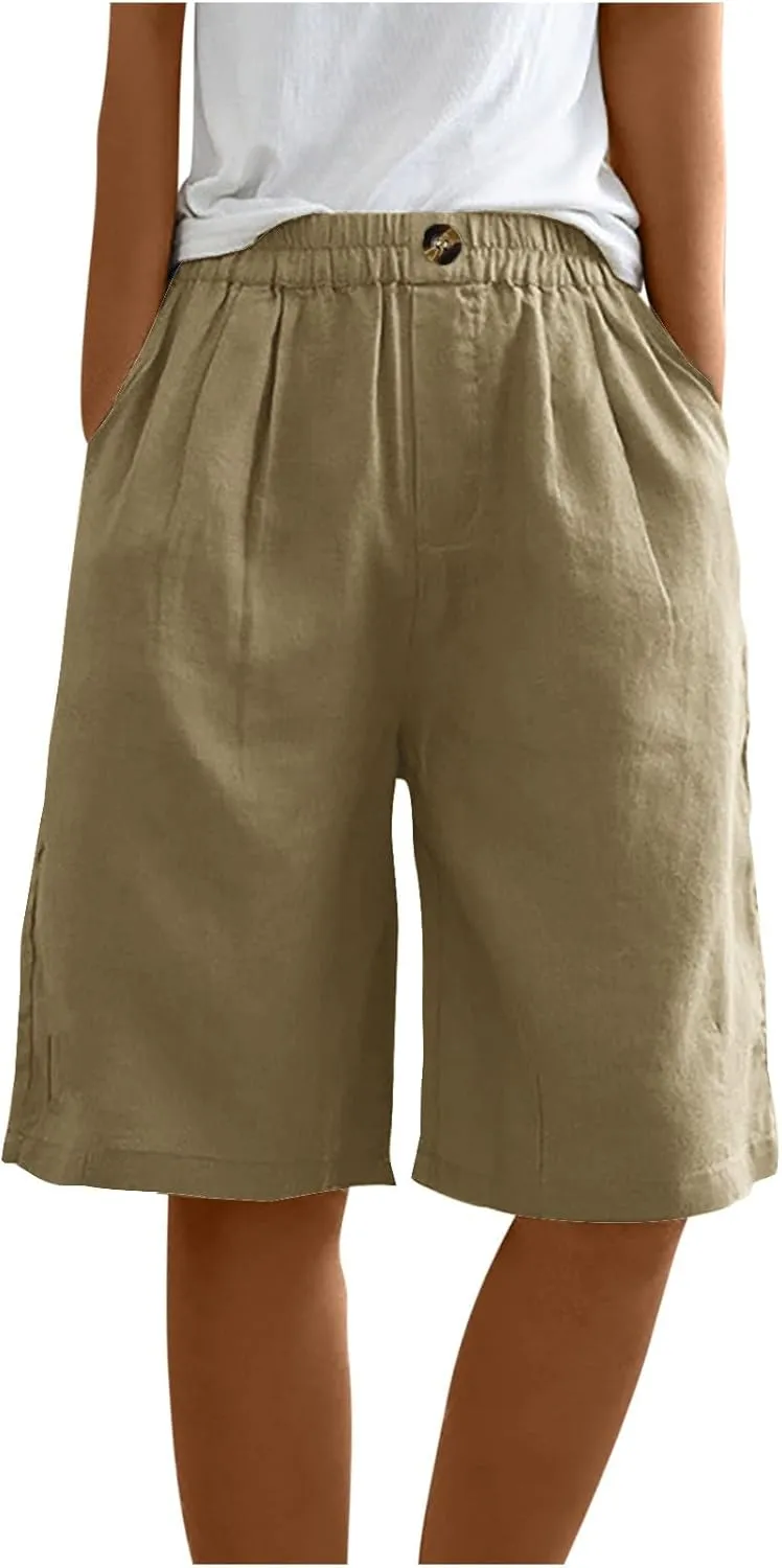 Linen Shorts for Women High Waisted Bermuda Shorts Elastic Waist Summer Pants Wide Leg Short Pants with Pockets 2025