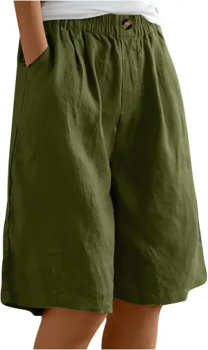 Linen Shorts for Women High Waisted Bermuda Shorts Elastic Waist Summer Pants Wide Leg Short Pants with Pockets 2025