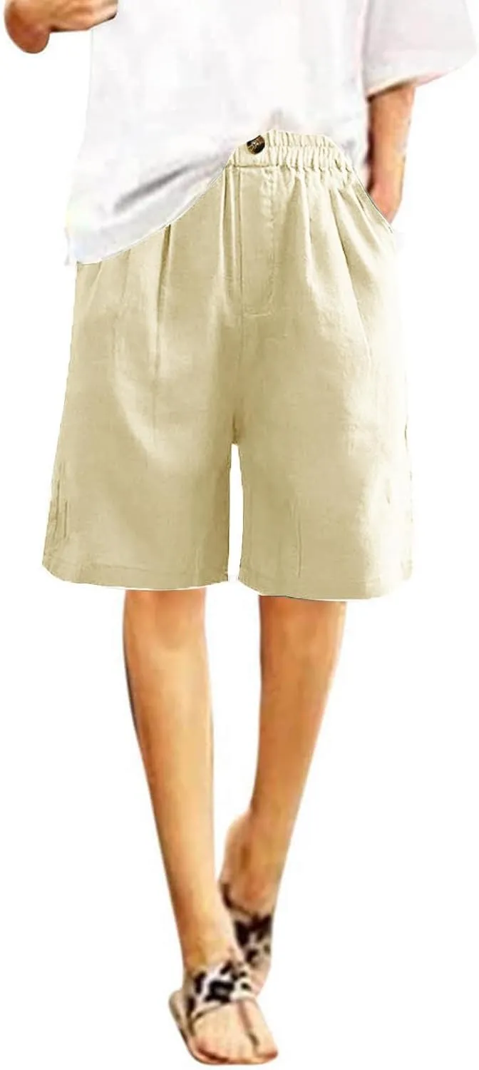 Linen Shorts for Women High Waisted Bermuda Shorts Elastic Waist Summer Pants Wide Leg Short Pants with Pockets 2025