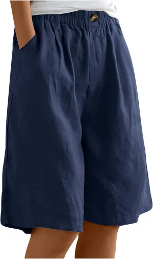 Linen Shorts for Women High Waisted Bermuda Shorts Elastic Waist Summer Pants Wide Leg Short Pants with Pockets 2025