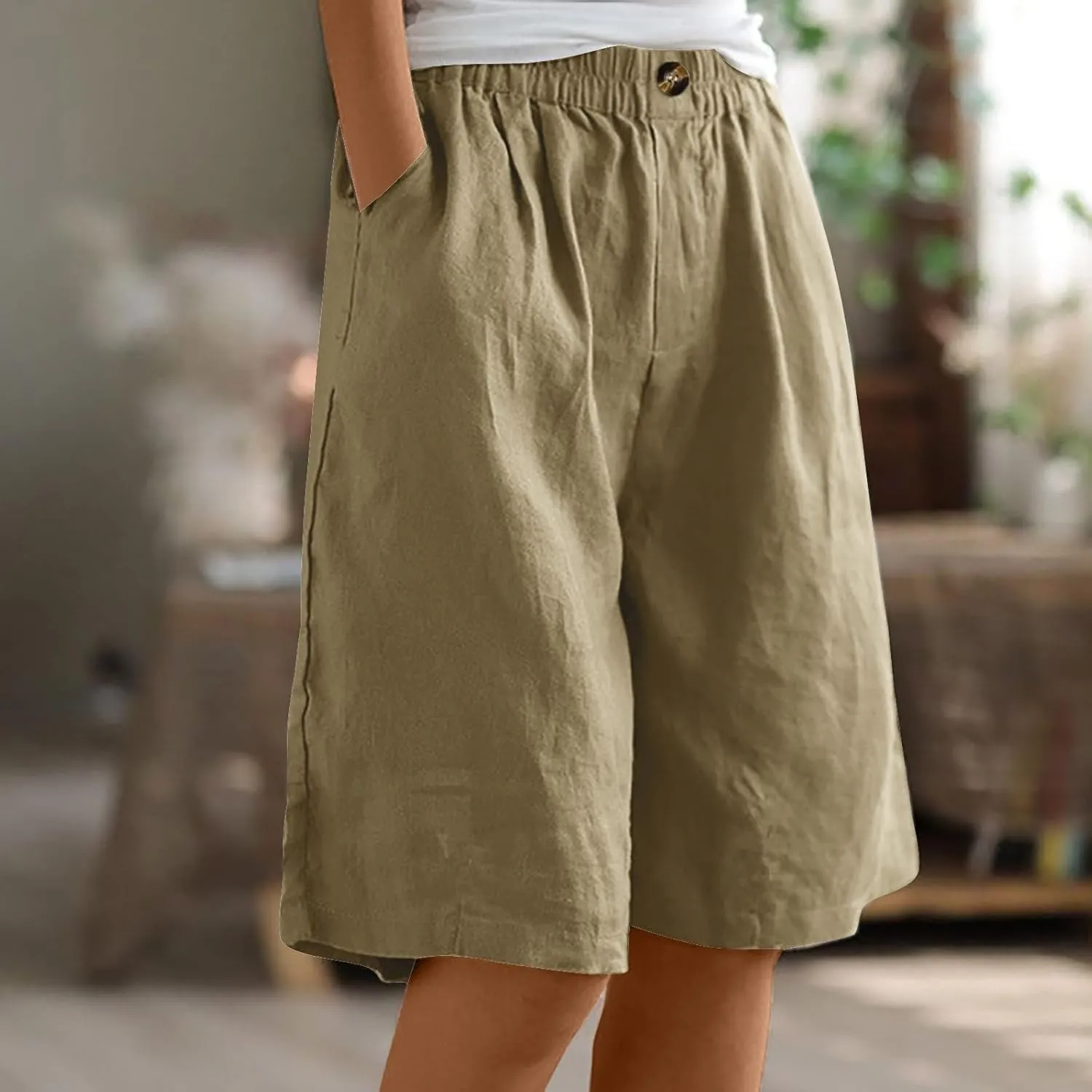 Linen Shorts for Women High Waisted Bermuda Shorts Elastic Waist Summer Pants Wide Leg Short Pants with Pockets 2025