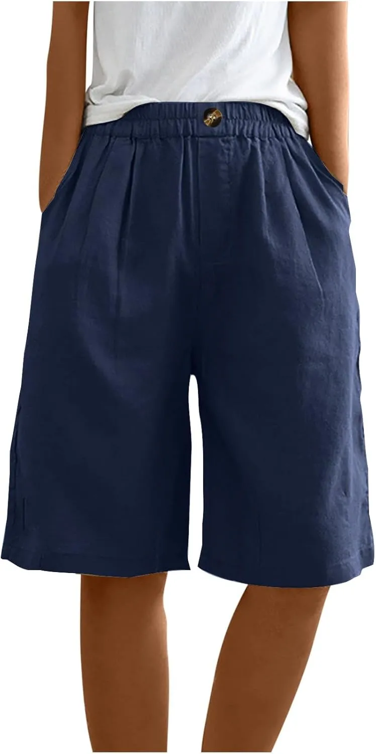 Linen Shorts for Women High Waisted Bermuda Shorts Elastic Waist Summer Pants Wide Leg Short Pants with Pockets 2025