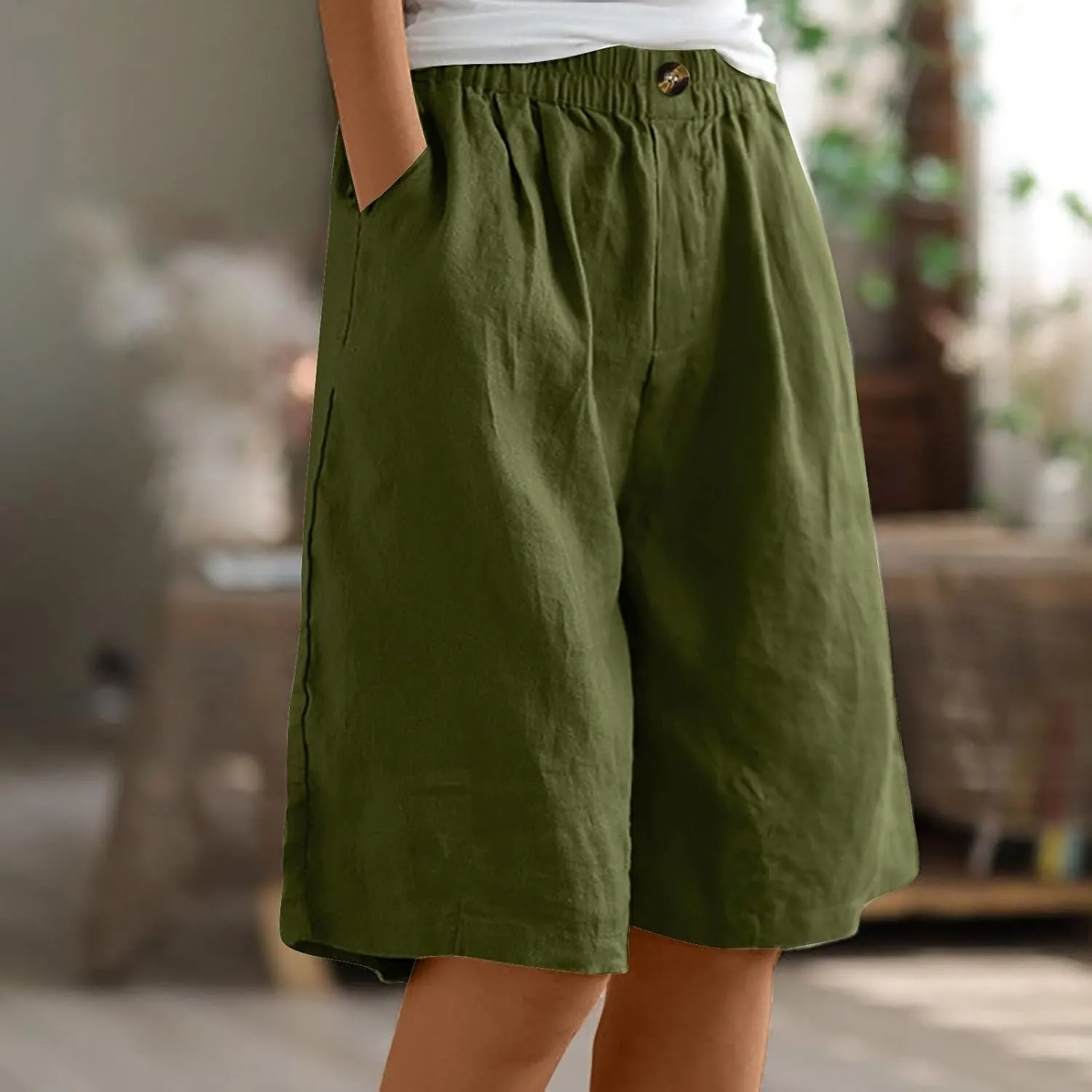 Linen Shorts for Women High Waisted Bermuda Shorts Elastic Waist Summer Pants Wide Leg Short Pants with Pockets 2025