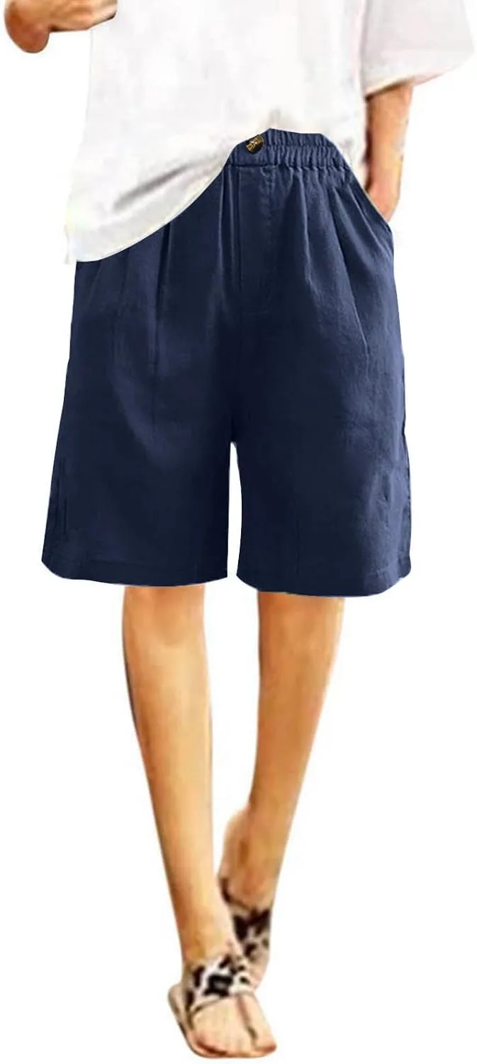 Linen Shorts for Women High Waisted Bermuda Shorts Elastic Waist Summer Pants Wide Leg Short Pants with Pockets 2025