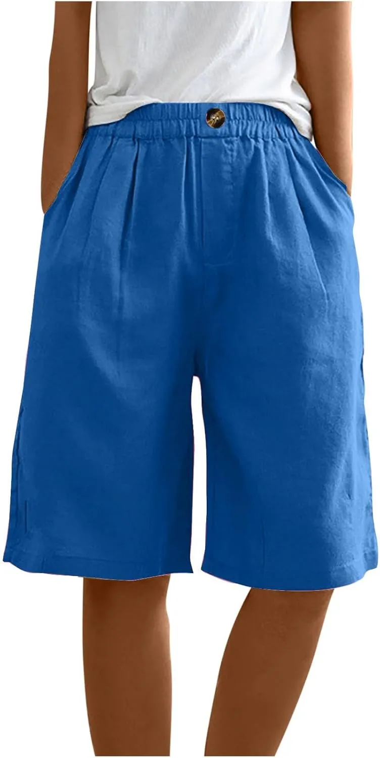 Linen Shorts for Women High Waisted Bermuda Shorts Elastic Waist Summer Pants Wide Leg Short Pants with Pockets 2025