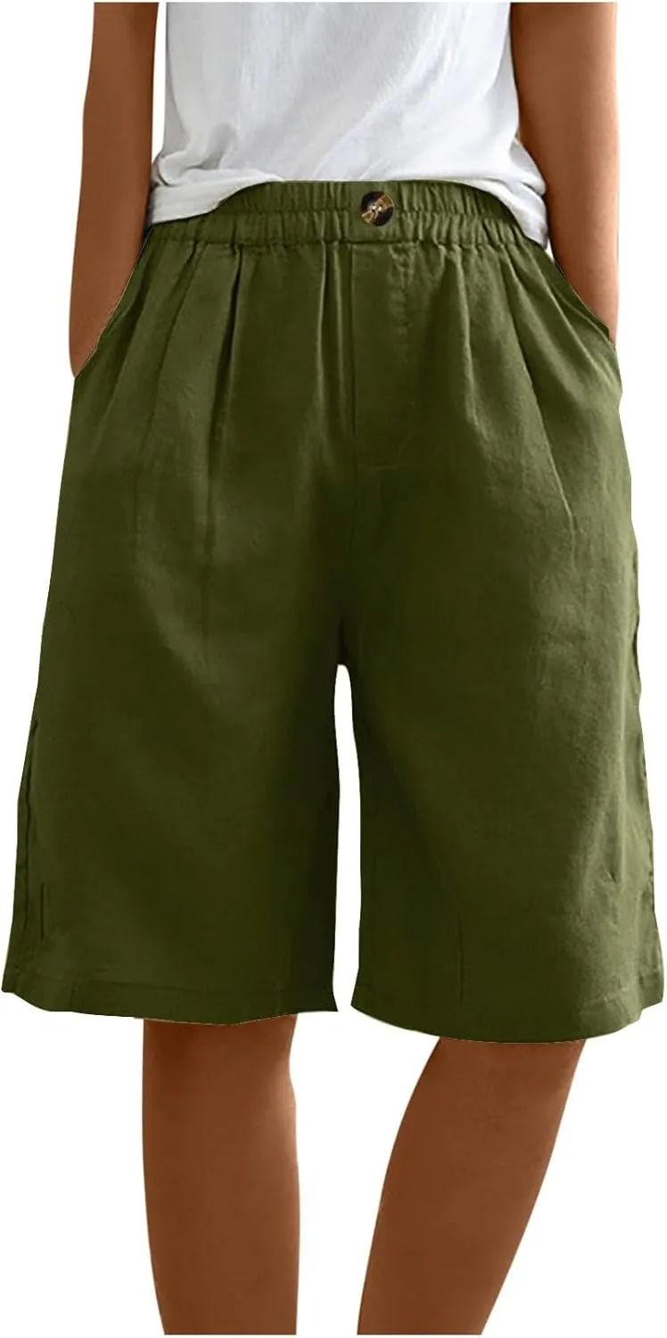 Linen Shorts for Women High Waisted Bermuda Shorts Elastic Waist Summer Pants Wide Leg Short Pants with Pockets 2025