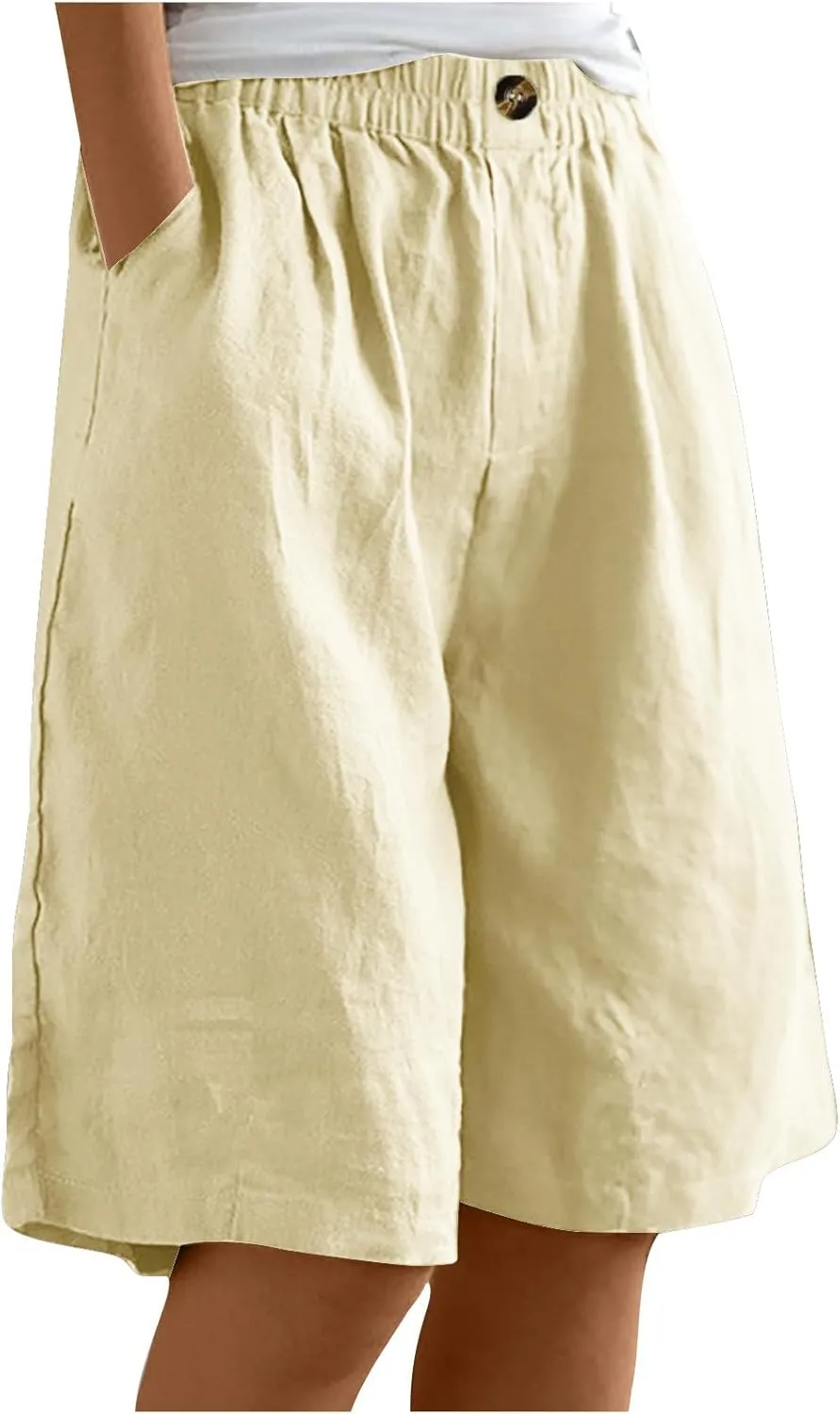 Linen Shorts for Women High Waisted Bermuda Shorts Elastic Waist Summer Pants Wide Leg Short Pants with Pockets 2025