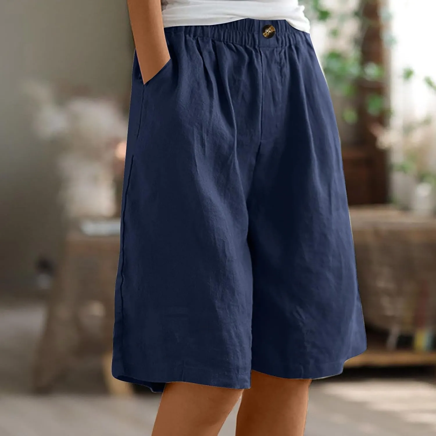 Linen Shorts for Women High Waisted Bermuda Shorts Elastic Waist Summer Pants Wide Leg Short Pants with Pockets 2025