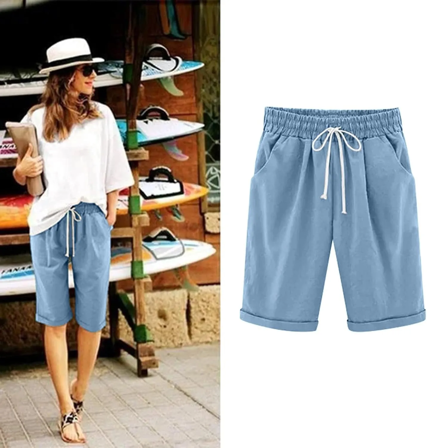 Linen Shorts for Women Summer Fashion High Waisted Bermuda Shorts Knee Length Elastic Waist Drawstring Shorts, Large