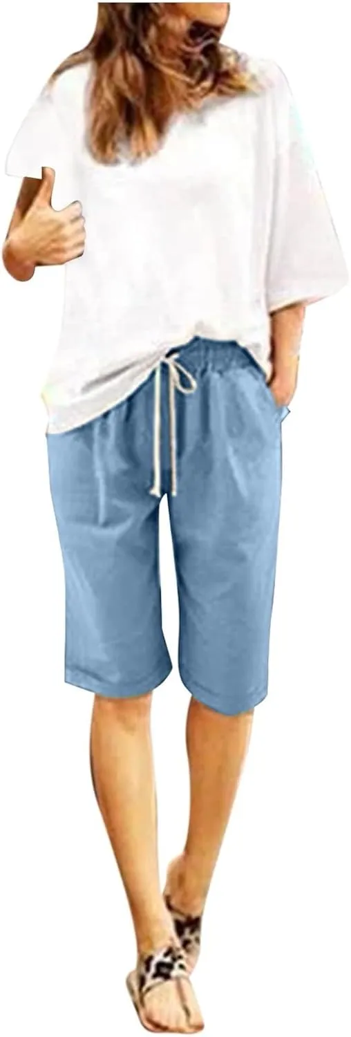 Linen Shorts for Women Summer Fashion High Waisted Bermuda Shorts Knee Length Elastic Waist Drawstring Shorts, Large